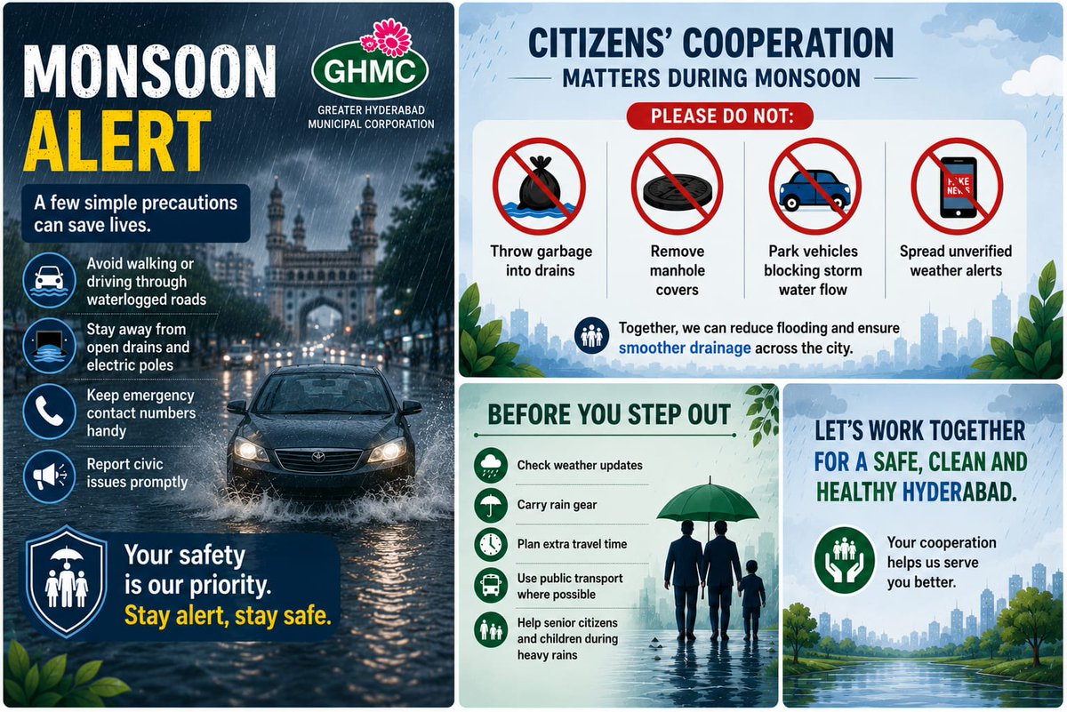 GHMCOnline's tweet photo. 🌧️ Monsoon alert— Let’s be prepared, Hyderabad! 🌧️

A safer city starts with the responsibility of every citizen. 🤝

Small steps from each of us can make a big difference:

🚯 Use bins, not drains — keep drainage pathways clear
🚗 Avoid waterlogged roads and risky routes during heavy rains
⚡ Stay away from open drains & electrical hazards
📱 Follow official weather updates
🤝 Report civic issues promptly
👵 Support elderly citizens and children during heavy rains

Together, let’s prevent flooding and keep Hyderabad safe, clean & resilient.

Stay alert. Stay safe. 💙

#GHMC #MonsoonAlert #Hyderabad #MonsoonReady

@TelanganaCMO @TelanganaCS @IPRTelangana @jayesh_ranjan @Commissionrghmc @ZC_Khairatabad @ZC_Secunderabad @ZC_Charminar @ZcGolconda @ZC_Shamshabad