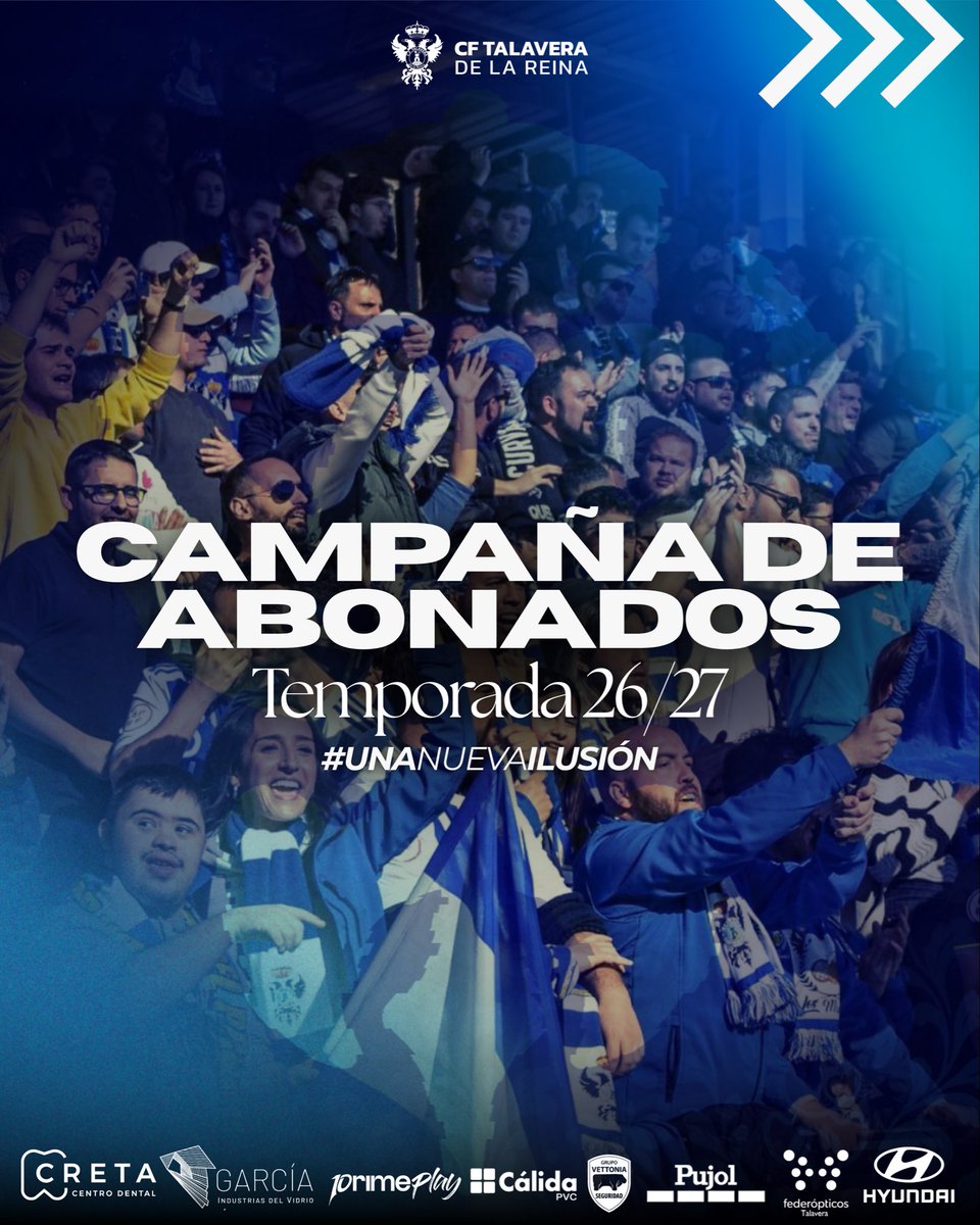 CFTalavera's tweet photo. 𝑺𝒂𝒃𝒆𝒎𝒐𝒔 𝒒𝒖𝒆 𝒍𝒐 𝒆𝒔𝒕𝒂𝒃𝒂𝒊𝒔 𝒆𝒔𝒑𝒆𝒓𝒂𝒏𝒅𝒐!!! 💙🤍

Ya podéis consultar los precios de los abonos para la temporada 2026/27.

Desde el club queremos volver a sentir vuestro aliento desde la grada, porque este camino tiene mucho más sentido si lo recorremos juntos.

💙 Os invitamos a ilusionaros de nuevo!

https://t.co/b9cayzstcT

#UnaNuevaIlusión #ForzaTala