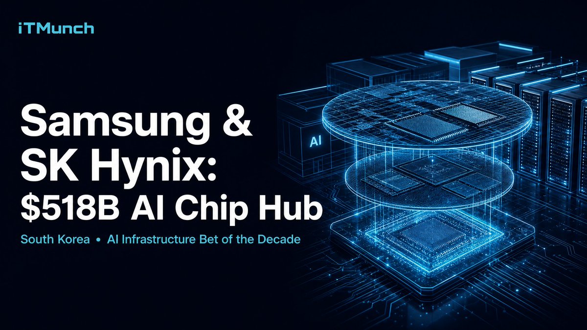it_munch's tweet photo. Samsung and SK Hynix are investing $518B to build a joint chipmaking hub in South Korea, driven entirely by AI demand. The world's two biggest memory makers are in a race to feed AI's infrastructure appetite. The chip war has moved from design to capacity. https://t.co/GCyD2HJIpP