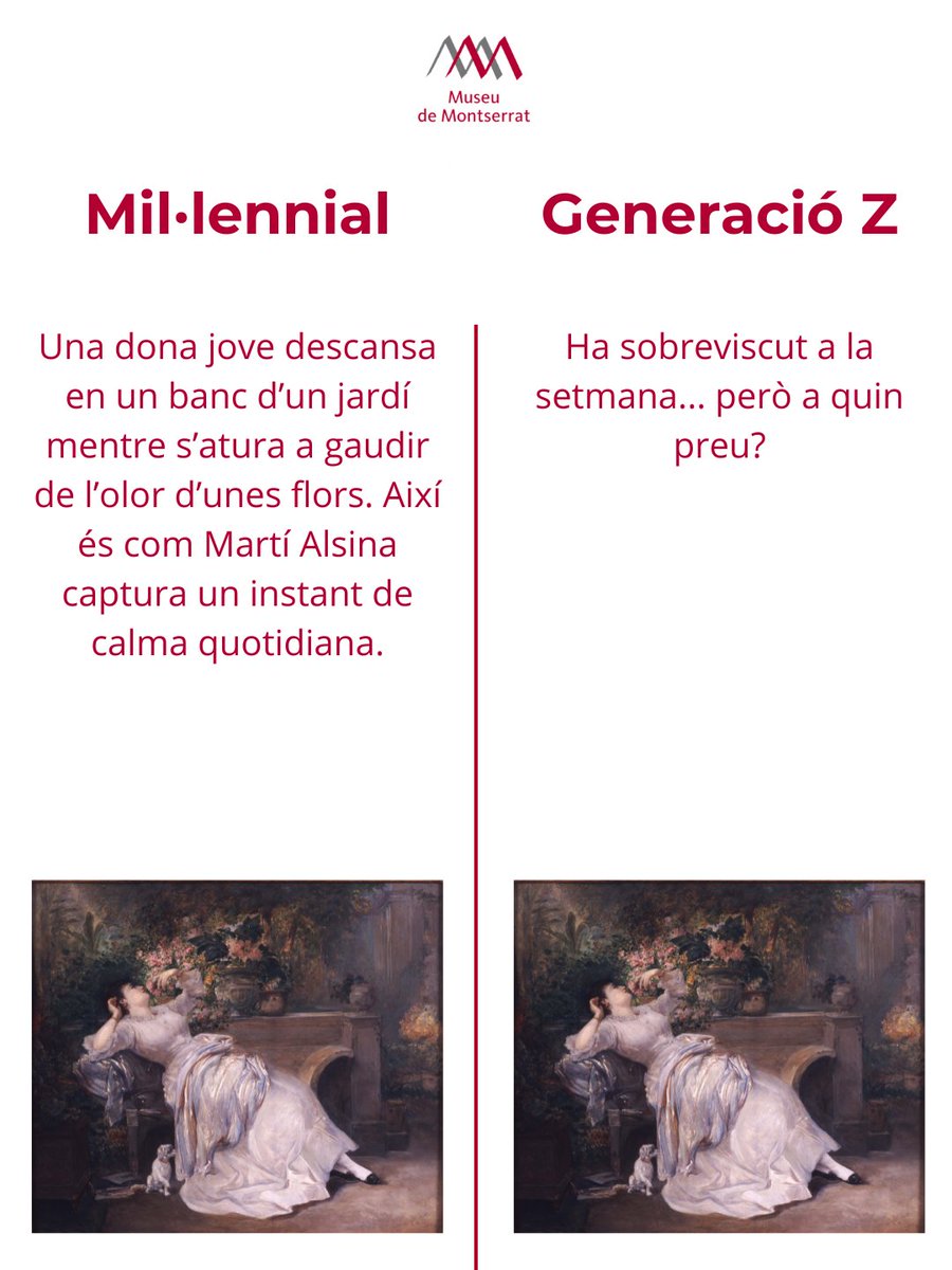 MuseuMontserrat's tweet photo. 👀 Algun cop us heu preguntat com descriurien un mateix quadre dues generacions tan diferents com els mil·lennials i la gen Z?
📲 Amb quina de les dues us sentiu més identificats? Sou #TeamMillennial o #TeamGenZ? 👇😄
#MuseuMontserrat #art #cultura https://t.co/8jlICUL90B