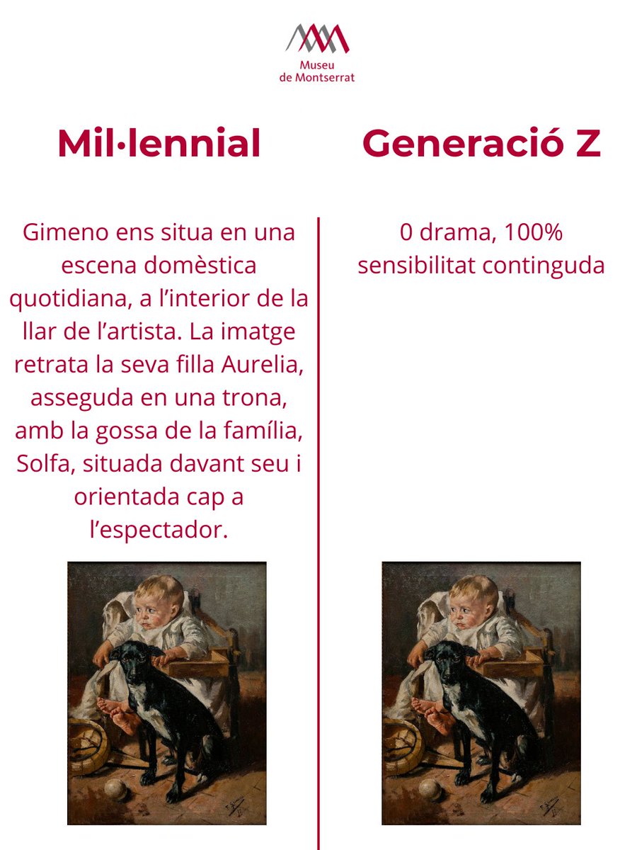 MuseuMontserrat's tweet photo. 👀 Algun cop us heu preguntat com descriurien un mateix quadre dues generacions tan diferents com els mil·lennials i la gen Z?
📲 Amb quina de les dues us sentiu més identificats? Sou #TeamMillennial o #TeamGenZ? 👇😄
#MuseuMontserrat #art #cultura https://t.co/8jlICUL90B