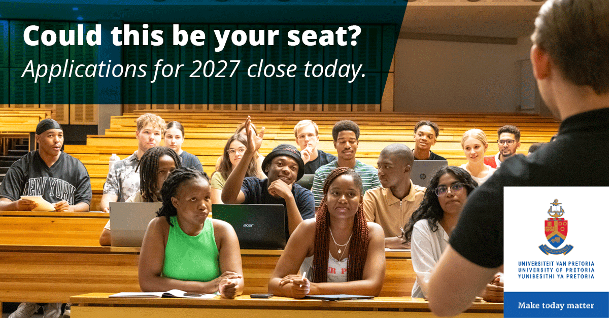 UPTuks's tweet photo. Your place at UP is waiting. Today, 30 June, is your last opportunity to apply for 2027. Apply now: https://t.co/zpUUoGUyIC
#UniversityOfPretoria #ChooseUP https://t.co/W26QoVKNlv