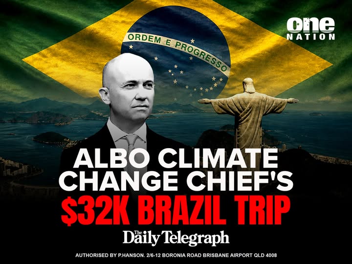 OneNationAus's tweet photo. The hypocrisy of many climate change zealots knows no limits. Albo’s climate chief has charged taxpayers more than $32,000 to jet off to Brazil for a global warming conference! Matt Kean, Chair of the Climate Change Authority, billed taxpayers $22,000 for his flights from Sydney to Brazil. This happened last November. Quite what was achieved for Australia as a result of this hugely expensive trip remains a mystery. Rumour has it the trip was to promote our bid to host COP31, a bid that ultimately proved unsuccessful!

There are other issues linked to a potential conflict of interest. However, this story about Albo’s climate change chief is just one example of many similar stories that have led to a growing view that the whole thing is little more than a racket. Members of the climate change elite jetting off around the world to pat each other on the back and virtue signal. Rarely is anything achieved. More often than not, it is the taxpayer who picks up the bill.