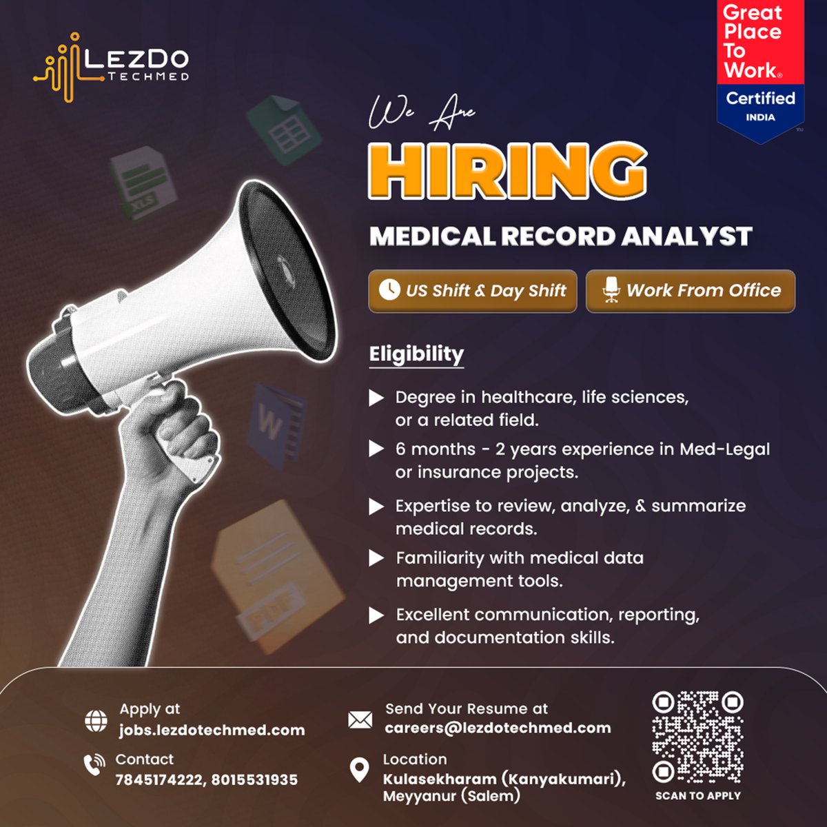 lezdotechmedind's tweet photo. We're hiring! Join our team as a Medical Record Analyst, bringing your eye for detail and accuracy.
Apply at https://t.co/RHXiGaNtA3 or mail your resume to careers@lezdotechmed.com 

#hiring #joinus #medicalrecordanalyst https://t.co/WDrfQwc83S