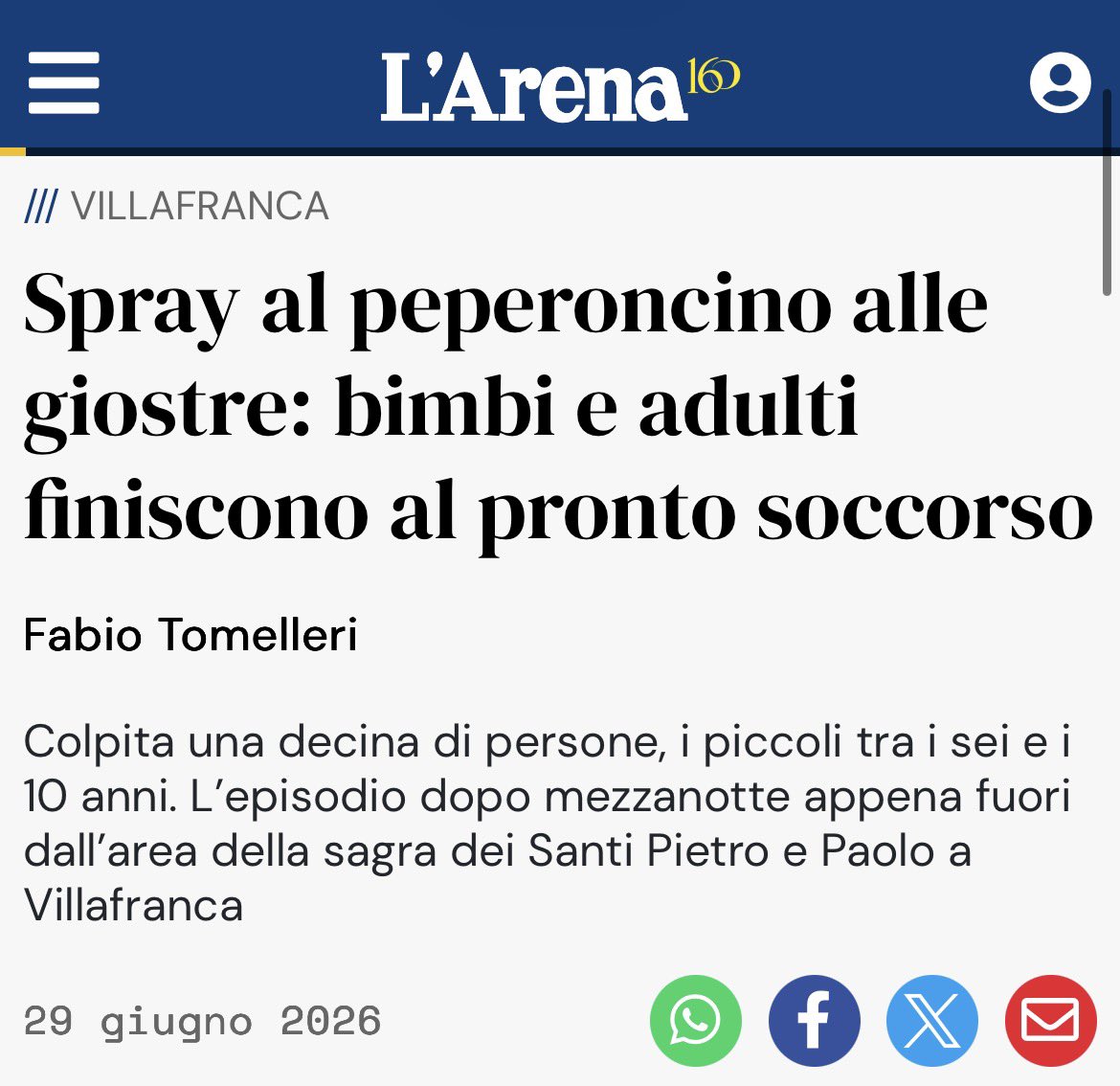 fratotolo2's tweet photo. “Immediatamente abbiamo visto un addetto alla sicurezza correre verso alcuni ragazzi, all’apparenza nordafricani, e gridare contro di loro”

Villafranca di Verona, alla Fiera dei Santi Pietro e Paolo, una decina di persone, tra cui bambini dai 6 ai 10 anni, sono state intossicate dallo spray al peperoncino.