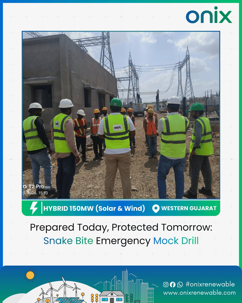 onixrenewable's tweet photo. Safety in action at our 150 MW Hybrid Project, Western Gujarat! 

A successful Snake Bite Emergency Mock Drill was conducted to strengthen preparedness and ensure a safer workplace for all. 

#SafetyFirst #OnixRenewable https://t.co/VIVBJo1vkS
