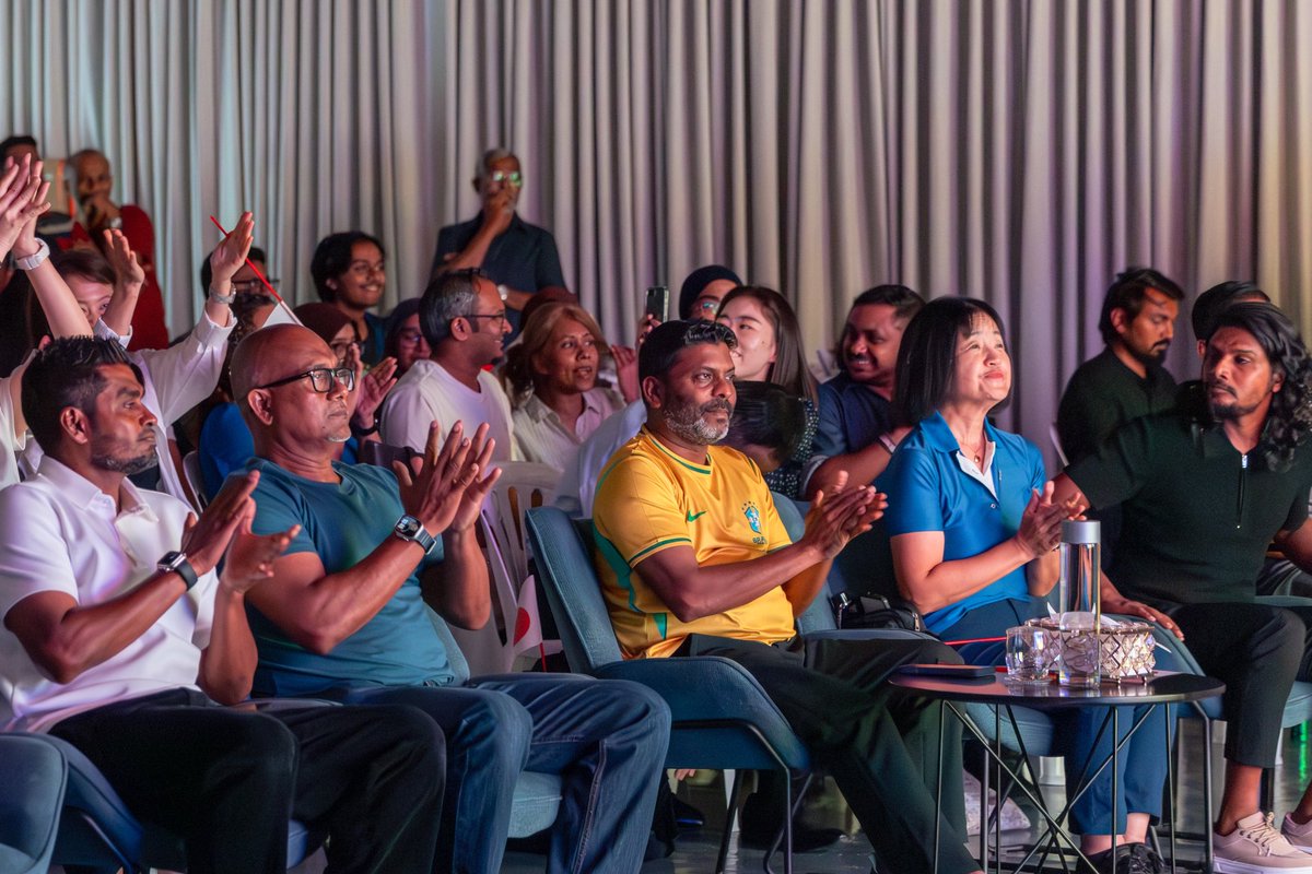 YouthGovMv's tweet photo. Last night's World Cup Watch Party at the Youth Hub brought together football fans for the Brazil vs. Japan match. Minister Abdulla Rafiu and the Ambassador of Japan to the Maldives, H.E. Mrs. Ishigami Rumiko, joined the full house in celebrating this excitement and unity. https://t.co/L8YcKww48C
