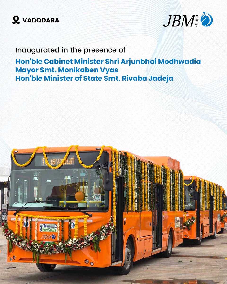 JBMAuto's tweet photo. Gujarat is driving cleaner, future-ready public transport. JBM EV is proud to expand its e-bus footprint to 8 cities across the state, strengthening sustainable mobility and greener urban transport.

#JBMElectricVehicles #Gujarat #ElectricMobility #SustainableTransport https://t.co/xALQQATPOc