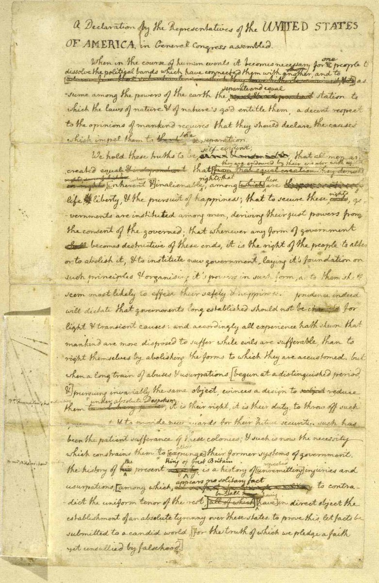 BuzzPatterson's tweet photo. Have you ever seen the final draft of the Declaration of Independence? I hadn’t. Thomas Jefferson submits the final draft to the Continental Congress.

Happy 250th fellow citizens! It’s been a ride. Let’s keep it rolling! 🇺🇸 https://t.co/J49oQnd9xL