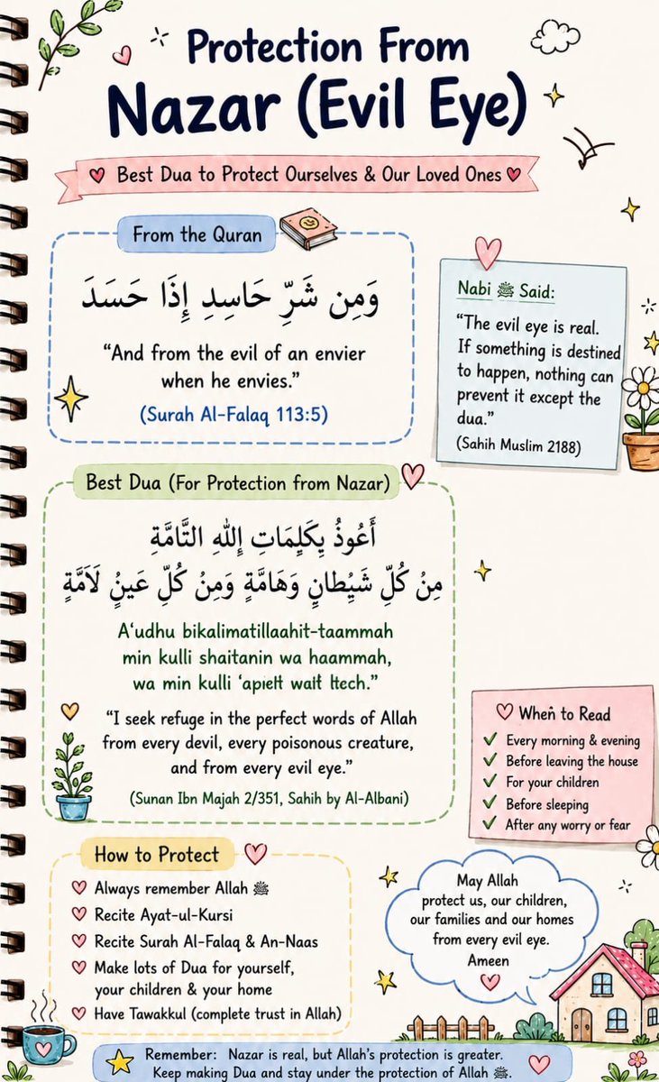 Mustaph35404502's tweet photo. Protection from Nazar begins with remembrance of Allah. Recite Surah Al-Falaq, Surah An-Naas, Ayat-ul-Kursi and seek refuge in the perfect words of Allah.

May Allah guard our eyes from jealousy, fill our hearts with peace and protect our lives from every form of harm and evil 🤲 https://t.co/a8w3f0vh9l