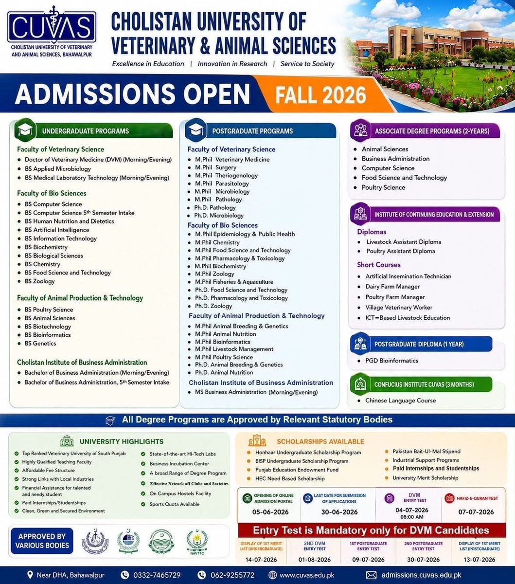 DrQudratullah2's tweet photo. ✨ Become a Veterinary Surgeon at CUVAS Bahawalpur! ✨*

Love animals + have steady hands + want to save lives? 

*Vet Surgery at CUVAS is for you.*  
🩺 Train in modern OTs with real cases  
🐴 From pets to livestock — be the surgeon they depend on  
🎓 Hands-on learning https://t.co/TV6N6yNimP