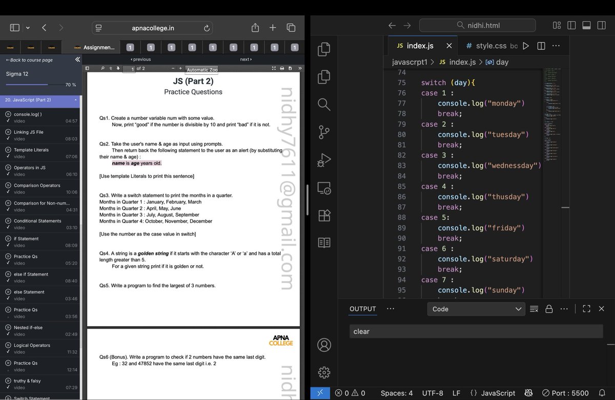 Nidhy7611's tweet photo. 🚀 Day 2 of out of 30 | Sigma 12.0 💻
Completed JavaScript Part 2 with Shraddha Khapra (Apna College)! 📚
Today I learned:
✅ Solved many practical questions 💯
Every day, one step closer to becoming a better developer. 💙🔥
#JavaScript #ApnaCollege #Sigma12 #ShraddhaKhapra https://t.co/6nb5D5OALU