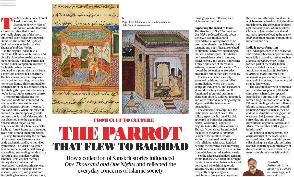devduttmyth's tweet photo. The 8th century collection of Sanskrit stories, Suka Saptati, or Seventy Tales of the Parrot, was built around a frame narrative that would eventually shape one of the most influential story collections in world literature..

Read more...

https://t.co/TmYYRikYFb https://t.co/CLasP11NjB