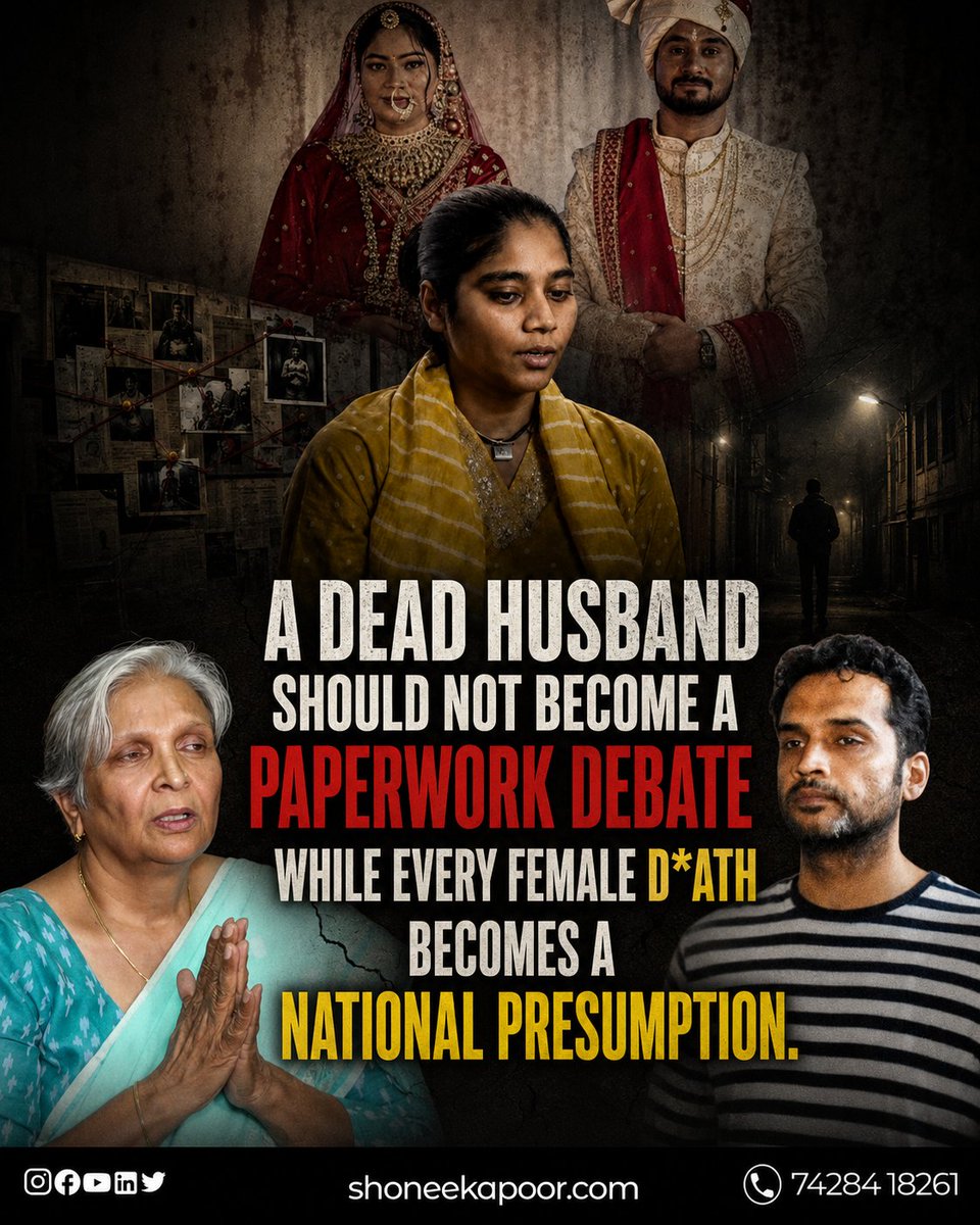 ShoneeKapoor's tweet photo. One dead husband. One dead wife. Two bail orders. Two very different signals.
Sonam’s bail in the alleged m*rder of her husband Raja Raghuvanshi was upheld by the High Court.

Giribala’s bail in the Twisha Sharma death case was cancelled by the High Court.

Legally, every case has its own facts.

But socially, the question is brutal:

When a man is allegedly m*rdered, the system debates paperwork. When a woman d!es in her matrimonial home, the system moves with presumption, pressure and speed.

A husband’s d*ath cannot be reduced to a clerical defect.
A man’s life is not cheaper because he was born male.

A dead man also had parents. A dead man also had dreams. A dead man also deserved urgency.

Equal law cannot mean maximum sympathy for one gender and procedural patience when the victim is a man.

Bail is not acquittal. Trial will decide guilt.
But men’s deaths deserve the same seriousness, same outrage and same institutional aggression.
Justice should not change its tone based on the gender of the deceased.