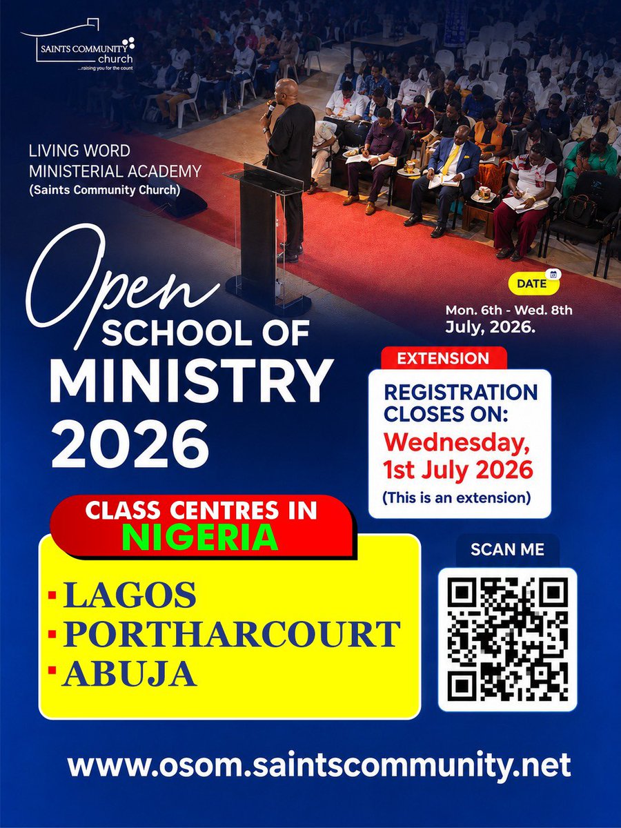 onayinka_segun's tweet photo. Open School Of Ministry 2026( Update )

Two New Centers in Nigeria,

Port Harcourt and Abuja .

You  now have the option of attending the School virtually at both locations .

Lagos remains the Only non virtual , physical class .

See flier for more information 

Registration Closes Tomorrow 

July 1,2026

Tell a Friend 

Jesus is glorified 

Amen