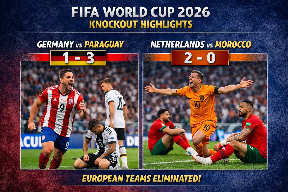 mantriak's tweet photo. Germany &amp; Netherlands — both out of World Cup 2026 in the Round of 32, beaten on penalties by Paraguay and Morocco. The knockouts show no mercy. #fifaworldcup2026standings https://t.co/iI2U1rk8aS