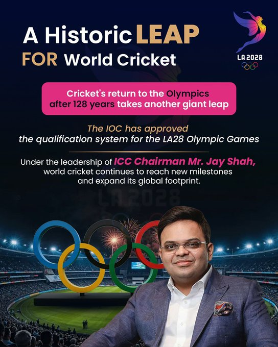 Bharat__Rakshak's tweet photo. After 128 years, cricket is finally returning to the Olympic Games - a landmark moment that will forever redefine the sport's global journey.

Heartiest congratulations to the ICC and Chairman @JayShah for securing approval of the LA28 Olympic qualification system, paving the way for cricket's return to the world's biggest sporting stage.

Under Jay Shah's visionary leadership, cricket has entered a new era of global growth. His strategic approach, commitment to expanding the game, and ability to build international consensus have played a pivotal role in achieving one of the most significant milestones in modern cricket.

Cricket's inclusion in the Olympic Games is not just a victory for the sport - it is a transformational moment that will inspire millions of aspiring athletes, strengthen the game's global presence, and introduce cricket to entirely new audiences across the world.

Thank you, @JayShah, for your leadership, dedication, and unwavering commitment to the future of cricket. This achievement reflects a lasting vision that will shape the sport for generations to come and stands as a defining chapter in cricket's history.

#JayShah #CricketAtLA28 #LA28 #Olympics #ICC #GlobalCricket #CricketReturns #HistoricMilestone #SportsLeadership #OlympicCricket #Olympic