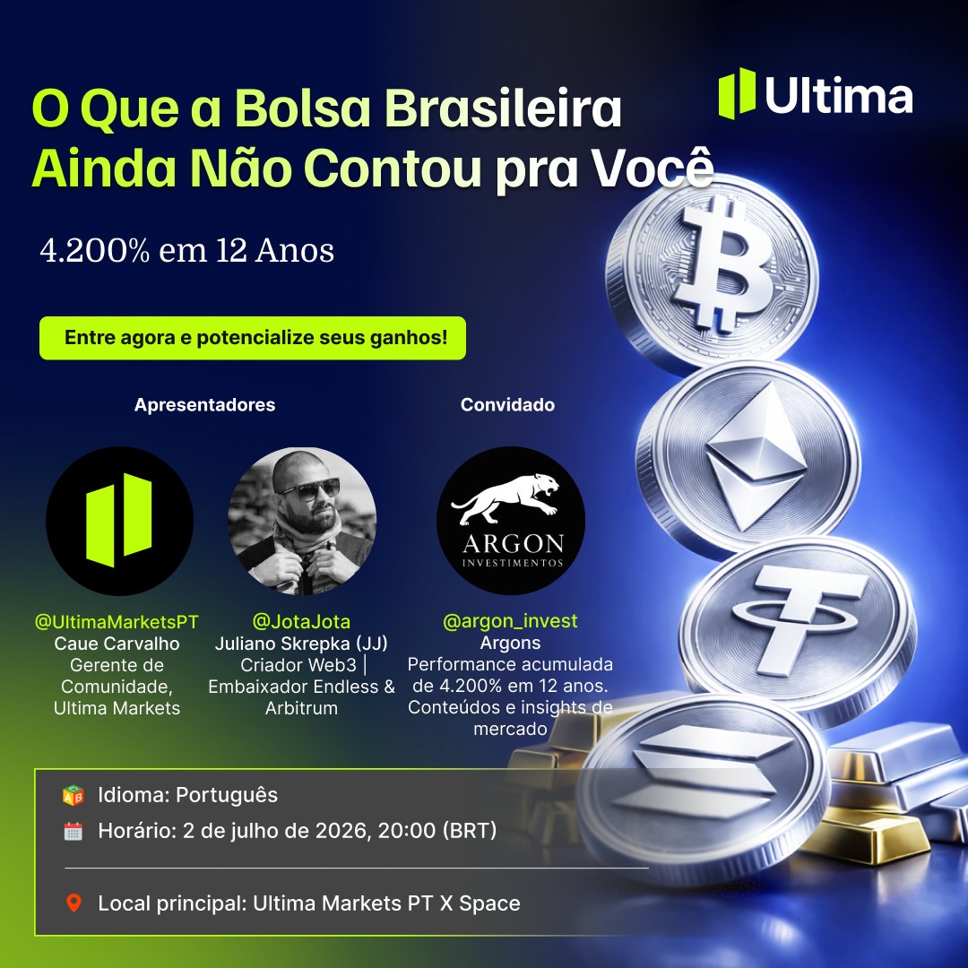 UltimaMarketsPT's tweet photo. 🚨 AMA ao vivo

O que a Bolsa Brasileira ainda não contou pra você. 4.200% em 12 anos.

📈 Como identificar boas ações antes do mercado?
💰 Ainda vale investir na Bolsa em 2026?
₿ E como equilibrar ações e cripto no mesmo portfólio?

🎤 Caue Carvalho + @JotaJota 
👥 Convidado: @argon_invest — Argon Investimentos 📊 4.200% de performance acumulada em 12 anos | Análise Fundamentalista | Ibovespa & Ações Brasileiras

📅 Quinta-feira, 2 de julho ⏰ 20:00 (BRT)
📍 X Space: https://t.co/bodVpe3mk5

💡 Vamos falar: 
• Como a Argon alcançou 4.200% em 12 anos  
• Como encontrar oportunidades antes do mercado  
• Ibovespa e ações brasileiras em 2026  
• Bolsa vs. Cripto: como montar um portfólio inteligente  
• Os maiores erros dos investidores

🎁 $50 em sorteio ao vivo👉https://t.co/TbQx7APSnQ
