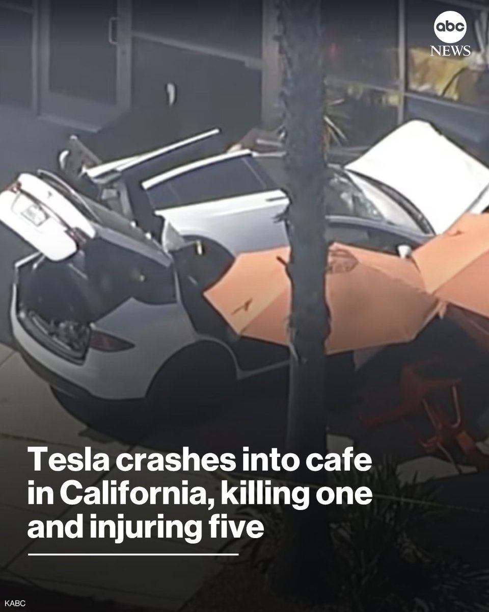 ABC's tweet photo. A Tesla crashed into the outdoor dining area of an Urbane Cafe in Simi Valley, California, on Monday afternoon, killing one person and injuring five others, authorities said.
 
Read more: https://t.co/jM9HAxAbuK https://t.co/Z1mPx4b1lh