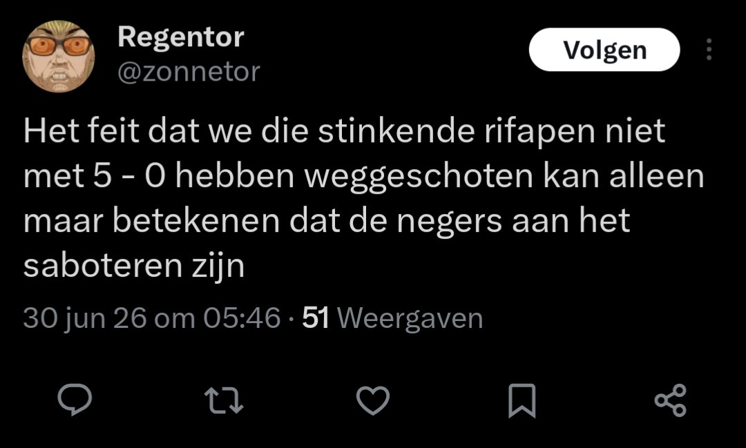 Anouar_factum's tweet photo. Misselijkmakende reacties vanwege het verlies van 🇳🇱.....

Racistisch tuig is weer volledig omgeschakeld naar haatmodus.  
Het is de schuld van "Negers" dat Nederland heeft verloren. 

Get a life, stelletjes lossers. 🖕

#marned #nedmar https://t.co/nqSCzrPQtn