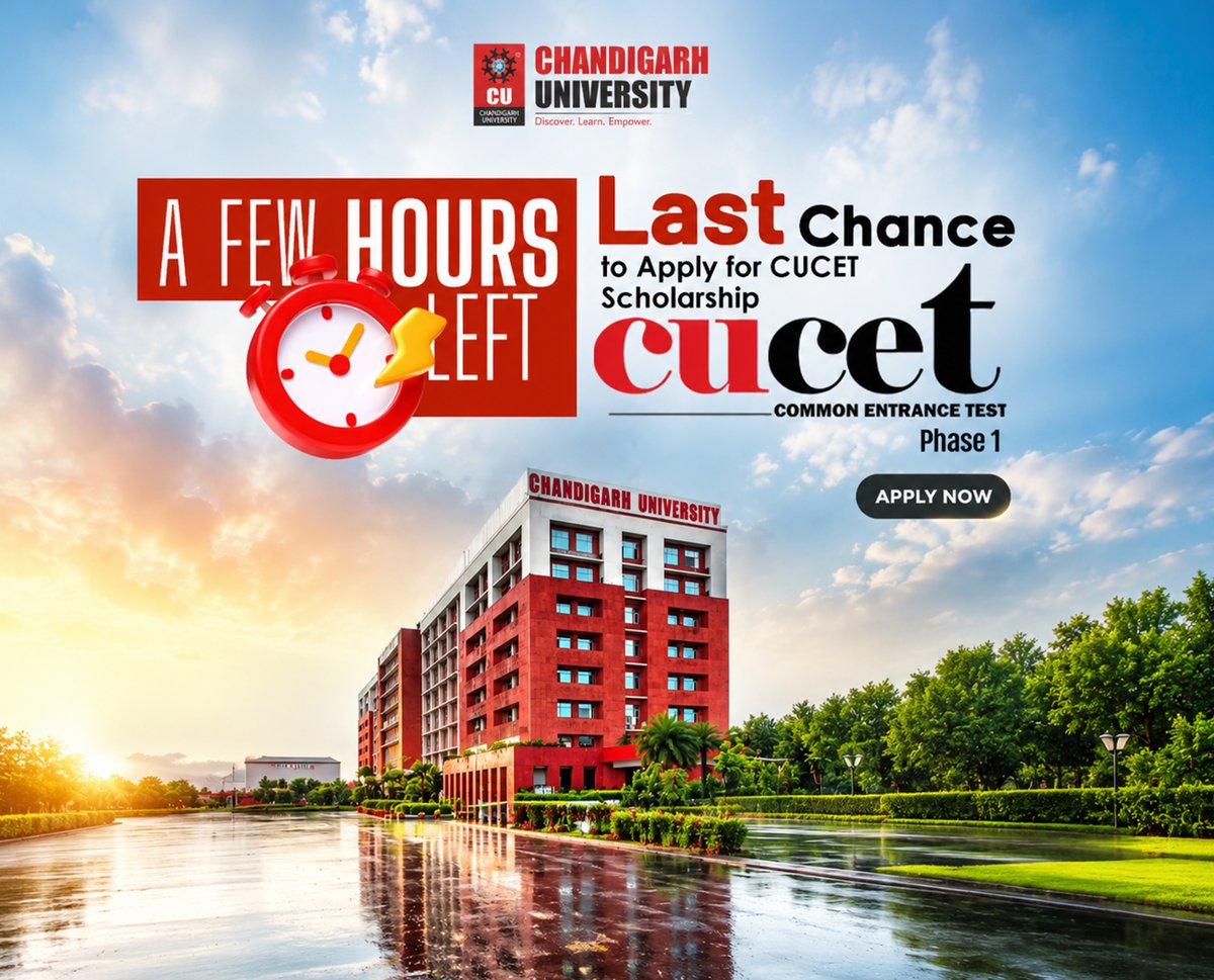 Chandigarh_uni's tweet photo. Last few hours left!

Don’t miss your last chance to apply for the CUCET Scholarship Phase 1 at Chandigarh University. Apply now and take the first step toward your academic journey with us.

https://t.co/RCGQ3tOTzo

#ChandigarhUniversity #CUCET #Scholarship #LastChance #ApplyNow #Admissions #HigherEducation #ScholarshipAlert