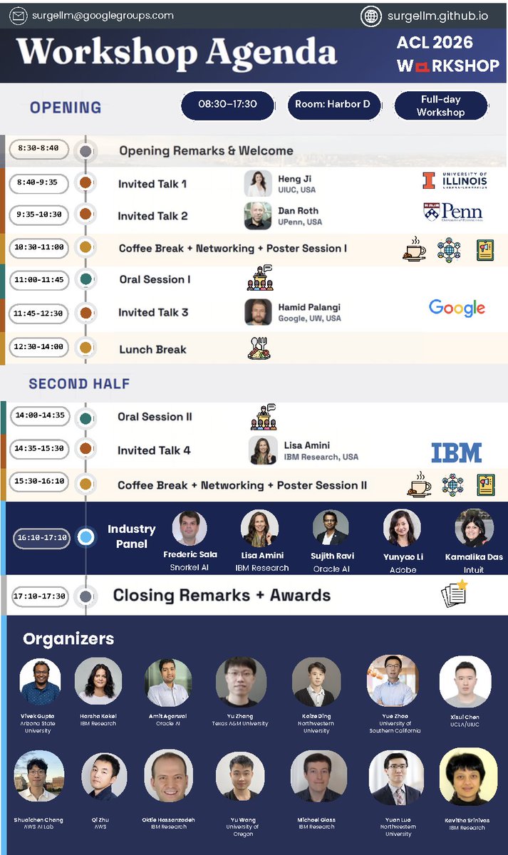 keviv9's tweet photo. 🚀 Structured data is having its LLM moment - from benchmarks to real-world systems.

Join us at SURGeLLM 2026 @ #ACL2026 for a full-day workshop on Structured Understanding, Retrieval, and Generation in the LLM Era.

📍 Harbor D
🗓️ July 3 | 08:30–17:30
🌐 https://t.co/2ELg6cnPVh

#ACL2026 #SURGeLLM #LLMs #StructuredData #NLProc @aclmeeting @SCAI_ASU  - 1/n