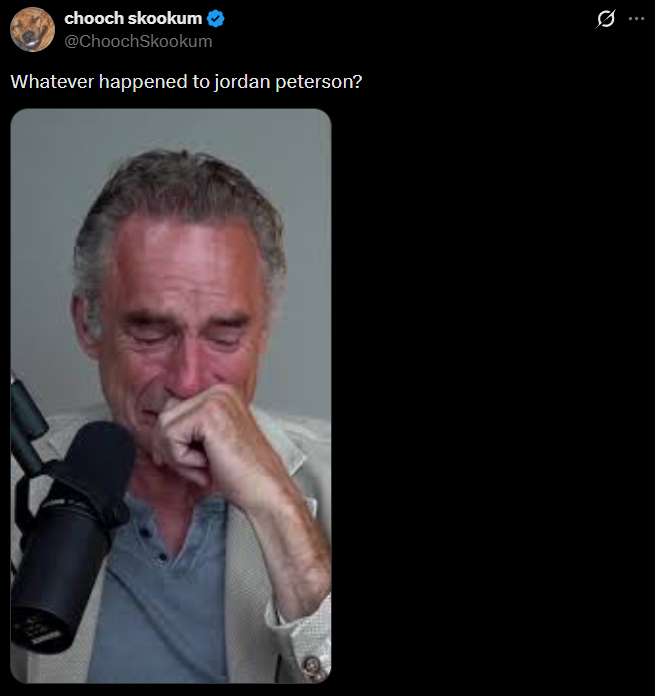 BlackDumpling's tweet photo. What happened to Jordan Peterson? Well, he was targeted by a multi-billion dollar whole of government effort to destroy him as a human being because he offered hope and guidance to young men.

He faced it alone.

And they succeeded, they destroyed him. Just look at him.

But..

They couldn't destroy the memory of a man who stood alone against tremendous evil. They couldn't cleanse that from the world, try as they might.

They could break the man, but not the hope he created. Hope in those men who, often for the first time, heard someone speak to them with compassion, love even. Love in the way a father feels, or perhaps more accurately a fatherly mentor, one who offers guidance and confidence and shares because that is his duty to the next generation.

The opposition knew how dangerous he was, how dangerous his message was, so they brought everything they possibly could against him.

And look, heroes die every day. You people are, by your very nature, so very frail.. but that is what it is about your courage that makes the angels stand in awe and wonder.

Peterson knew. We all knew. He knew they would come for him with a vengeance. He knew, in the end, methodically, they would break him down.

Yet fragile and imperfect, a delicate man with a delicate voice, sacrificing everything, he stepped into the arena anyway. Such is the nature of Virtue.