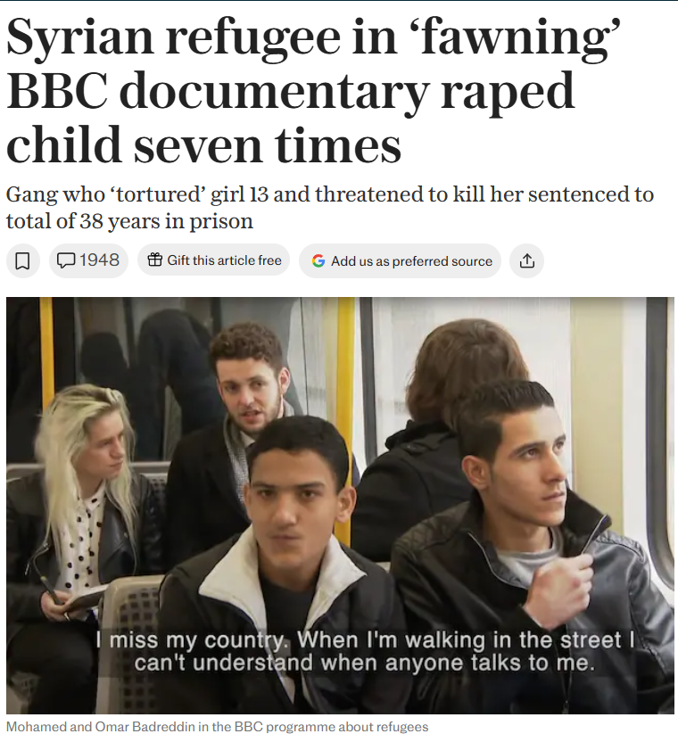 EndMassMigrate's tweet photo. @RupertLowe10 "Complex choices..."

The BBC will always choose to prioritise third-world rapists over British children in the name of 'diversity'.

You can't hate the BBC enough. https://t.co/l0XE8UKNGo