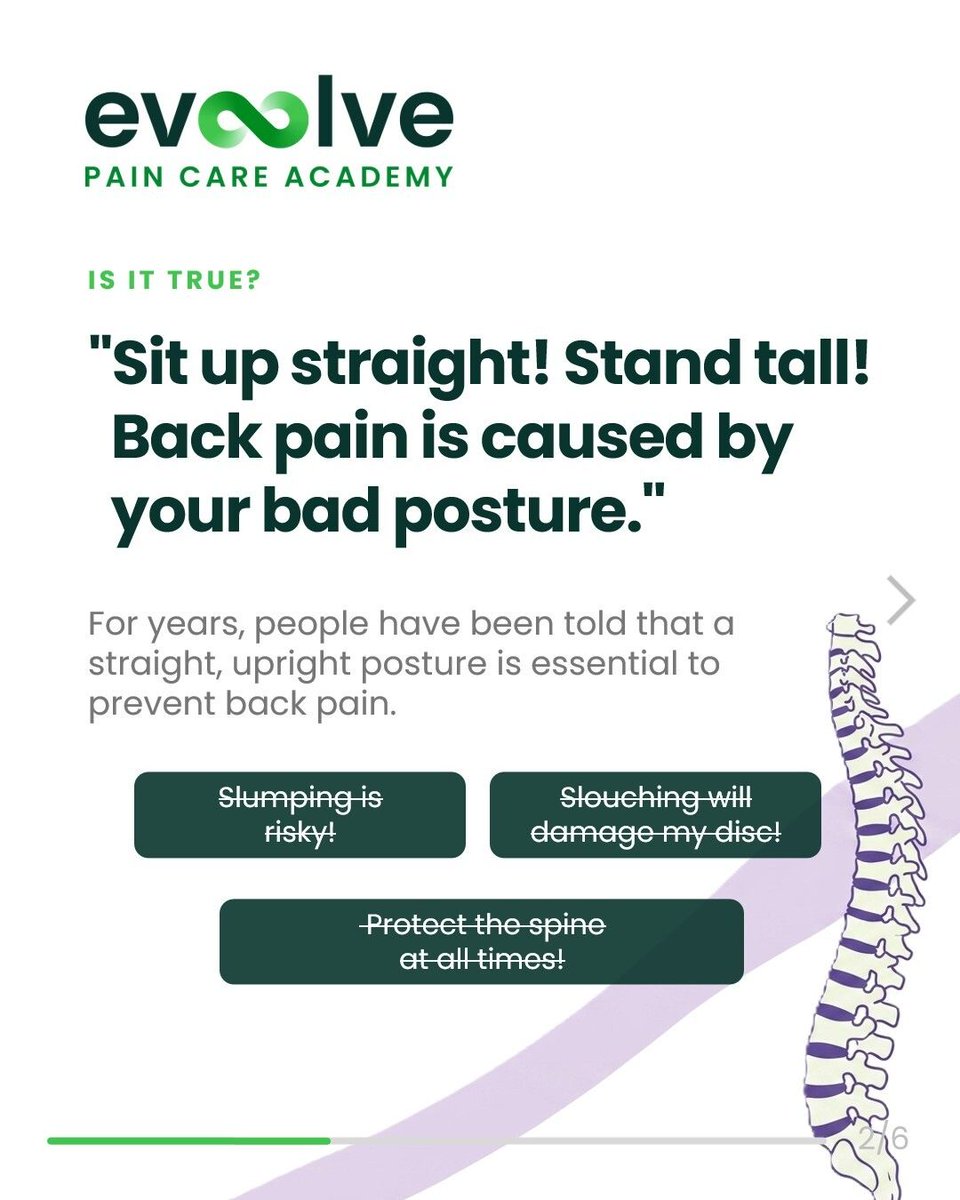 EvoolvePainCare's tweet photo. 🔎 𝗣𝗼𝘀𝘁𝘂𝗿𝗲 &amp; 𝗣𝗮𝗶𝗻
Does keeping a straight back protect your spine?
We’ve all been told: sit up straight, you need good posture, don’t slouch, don’t bend your back.

🌿 @𝗘𝘃𝗼𝗼𝗹𝘃𝗲𝗣𝗮𝗶𝗻𝗖𝗮𝗿𝗲.𝗔𝗰𝗮𝗱𝗲𝗺𝘆
Sit back and relax — it’s time to take the load off. https://t.co/2Xg3jrG7Oy