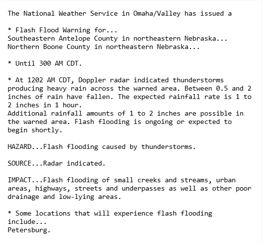 Jasamsdestiny's tweet photo. #Nebraska
Flash Flood Warning for SE #AntelopeCounty & North #BooneCounty til 3am. At 12:02am, radar indicated thunderstorms producing heavy rain across the warned area. Btwn 0.5 & 2" of rain has fallen. The expected rain rate is 1 to 2" in 1 hour.
#FlashFloodWarning #newx https://t.co/67GO2o3SQu