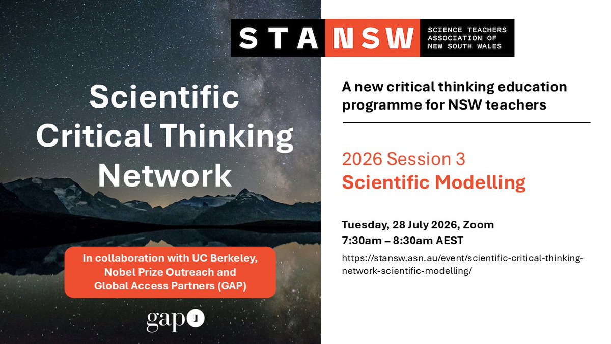 GlobalAccessAu's tweet photo. We are pleased to continue our partnership with @stansw and @UCBerkeley on the Scientific Critical Thinking teacher training programme, part of GAP's Critical Thinking Education initiative. The next session, Scientific Modelling, will be held on 28 July. https://t.co/owJNuaxEX2 https://t.co/iZtXnqlcTi
