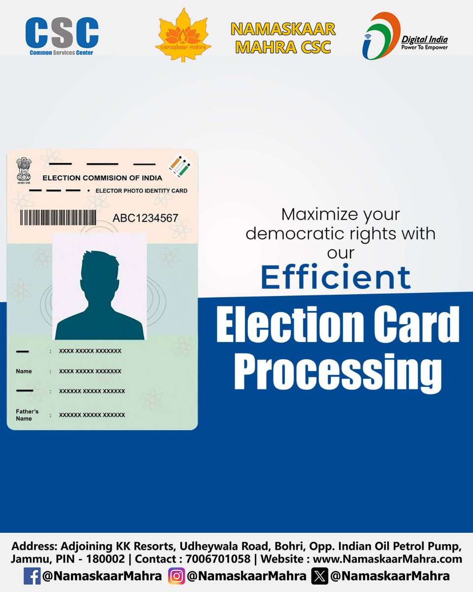 JammuCsc's tweet photo. ELECTION CARD SERVICES AVAILABLE

Namaskaar Mahra CSC
Contact : 7006701058
https://t.co/amNqiZNF2D
Address: Adjoining KK Resorts, Udheywala Road, Bohri,
Opp. Indian Oil Petrol Pump, Jammu, 180002

#NamaskaarMahra #CSC #CSCJammu  #TataCroma #Croma #tata https://t.co/vow6A9nJIN