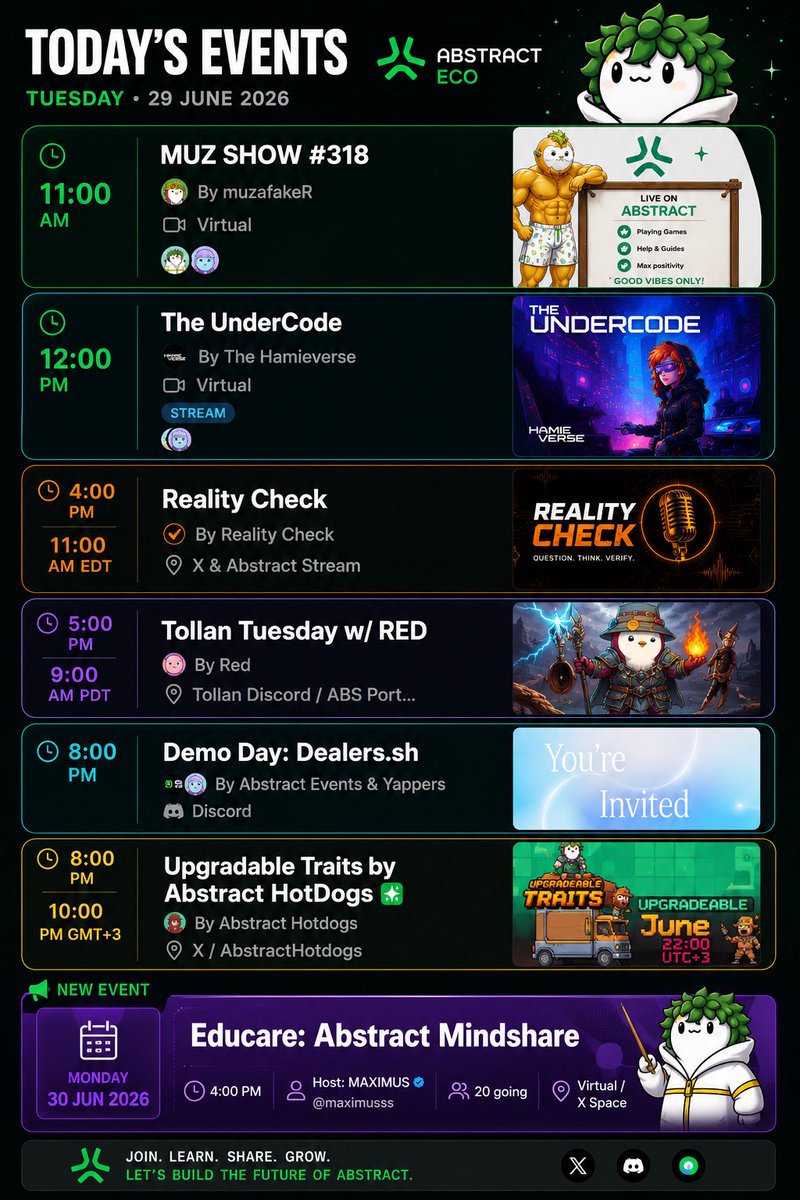 Ayobamijr12's tweet photo. Today’s Events (Tuesday) on @Abstract_Eco
Happy Xp day

⸻

🕚 11:00 AM
🎙️ MUZ SHOW #318
👤 By @muz_faker 
📍 Virtual (stream)

⸻

🕛 12:00 PM
🎙️ The UnderCode
👤 By The @Hamieverse
📍 Virtual
🔴 Stream

⸻

🕓 4:00 PM | 11:00 AM EDT
🎙️ Reality Check
👤 By @RealityCheck_RR 
📍 X & Abstract Stream

⸻

🕓 30 Jun | 4:00 PM
🎙️ Educare: Abstract Mindshare
👤 Host: @maximusss 
📍 Virtual / X Space

⸻

🕔 5:00 PM | 9:00 AM PDT
🎙️ Tollan Tuesday w/ RED
👤 By @RED__Crypto 
📍 Tollan Discord / ABS Port…

⸻

🕗 8:00 PM
🎙️ Demo Day: https://t.co/GlgUFVh8U3
👤 By @AbstractChain Events & Yappers
📍 Discord

⸻

🕗 8:00 PM | 10:00 PM GMT+3
🎮 Upgradable Traits by Abstract HotDogs ✨
👤 By @AbstractHotDogs 
📍 X / AbstractHotdogs
