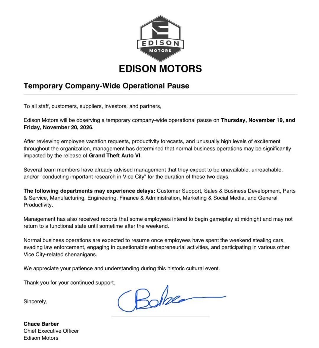 GhostXBTS's tweet photo. In Canada a large truck factory will close during the release of GTA 6 on 2D. The manager explained that no one will go to work anyway. https://t.co/NIKNbwwZ13