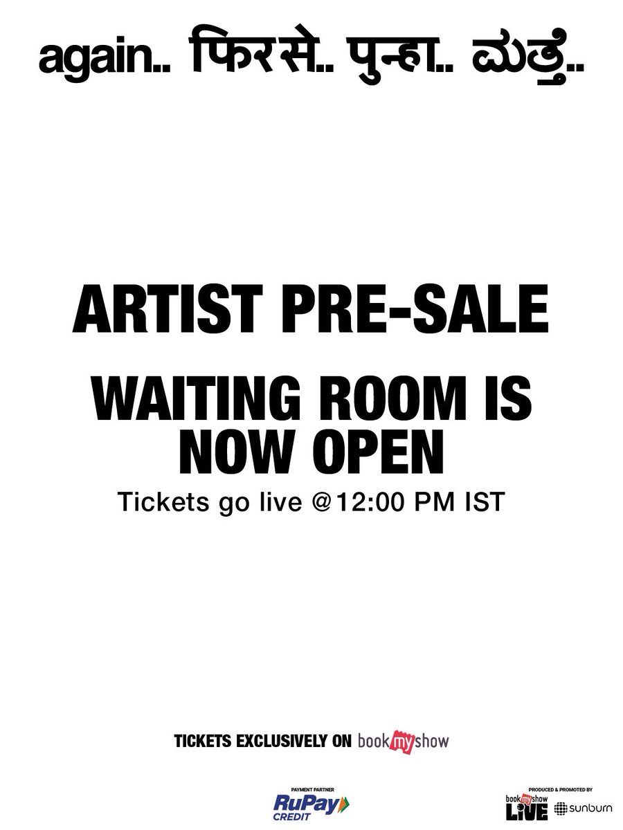 Bookmyshow_live's tweet photo. 🚨 The waiting room is now OPEN!

Join now and get ready for the Fred again.. India Tour 2026 Artist Pre-Sale. Tickets go live at 12 PM IST.

See you in the queue. 🎟️

https://t.co/ydUTDIGOHX

#FredAgain #Concerts #LiveEvents #Delhi #Mumbai #Bengaluru #IndiaTour https://t.co/9pkFCOUd95