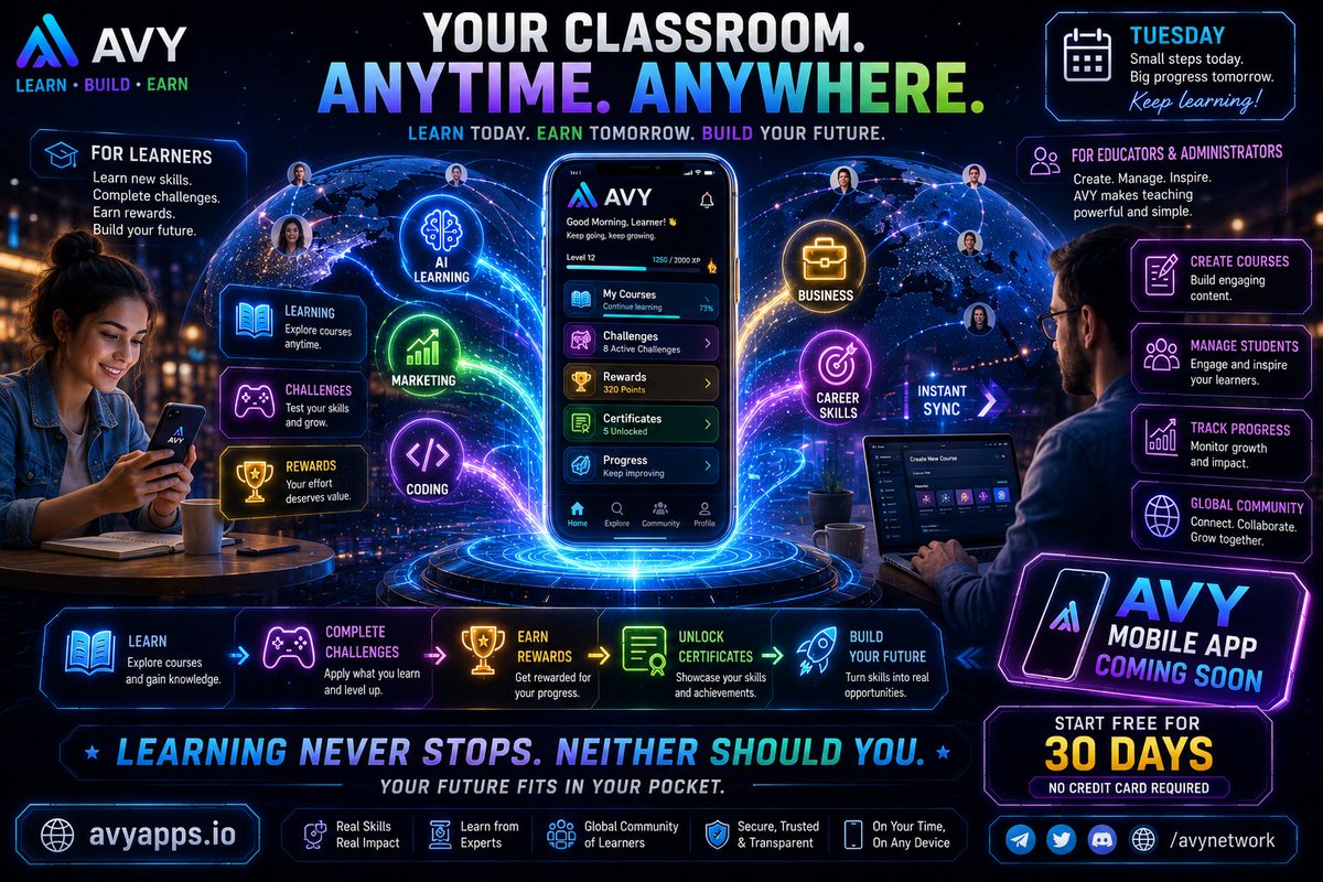 ProjectAvy's tweet photo. Hello AVY Community 👋

Happy Tuesday.

The best learning doesn’t stop when you leave your desk.

With the AVY mobile app coming soon, your courses, challenges, rewards, and progress will soon be just a tap away making it easier than ever to keep building your future wherever you are.

Whether you’re diving into AI, marketing, coding, business, or career development, AVY helps turn every lesson into meaningful progress.

🎮 Complete challenges
🏆 Earn rewards
📜 Unlock certificates
🌍 Connect with a global community of learners

Are you an educator? Build engaging courses and grow your learning community with AVY.

Are you a student? Gain real-world skills while earning recognition for every milestone you achieve.

📱 AVY Mobile App Coming Soon

📺 See the platform in action:
https://t.co/Zubd2qzPYn

Start today with a 30-day free trial.

🔗 https://t.co/qeLd8wv8bQ
TG: https://t.co/h4VR1Vz9Kz

#AVYProject #LearnToEarn #FutureOfLearning