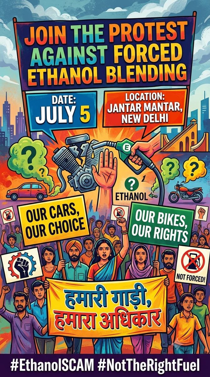 anirbaanverse's tweet photo. Arbitrary ethanol blending = lower mileage + engine damage + higher costs.
We weren't asked. We won't stay silent.
Jantar Mantar | 5th July 2026, 2PM
#EthanolSCAM #NotTheRightFuel
हमारी गाड़ी, हमारा अधिकार! https://t.co/Sjvg4CaR9q