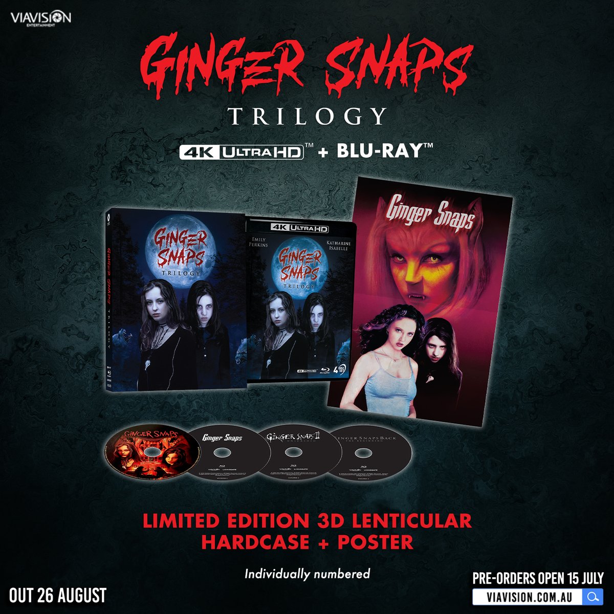 viavisionent's tweet photo. Sink your teeth into our new 4K UHD + Blu-ray release of the GINGER SNAPS TRILOGY (2000 - 2004), which brings the feminist cult horrors to our screens once more. 🌒

In the mindless suburban town of Bailey Downs live two outcast sisters, Ginger and Bridgette. On the night of Ginger’s first period, she’s savagely attacked by a wild creature, but her wounds mysteriously heal, and it’s apparent that a terrifying force and craving has taken over one of the siblings...

This iconic and frightful teen trilogy explores burgeoning sexuality through lycanthropy, where were-women are coming-of-age, hungry like the wolf and ready to kill.

Individually numbered and housed in a Limited Edition Lenticular Hardcase + poster. 📀 Pre-orders open on Wednesday 15 July.