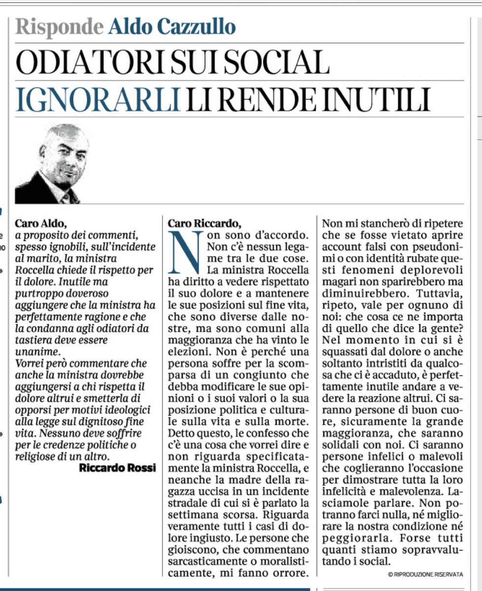 Apndp's tweet photo. #corriere strabico.
#cazzullo spiega che i social-minchioni (definizione mia) e gli haters si combattono ignorandoli, non leggendoli, non rispondendo ai loro conati verbali.
Giusto.
Quindi il suo giornale che fa? Ospita l'editoriale di apertura sugli haters del caso #roccella. 🤦‍♂️ https://t.co/LiZdss8ZF1