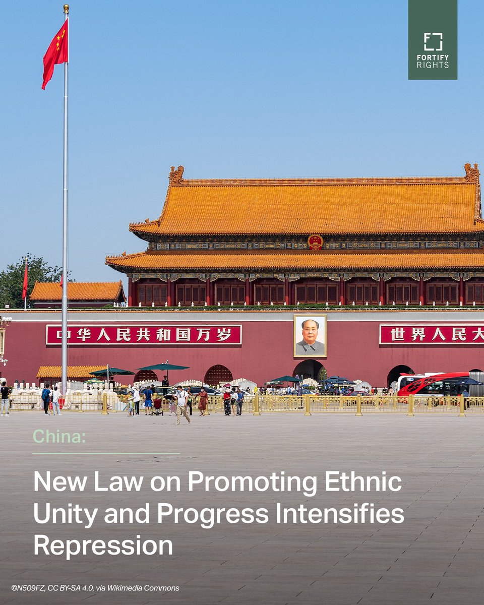 FortifyRights's tweet photo. 🚨 NEW: #China’s new "Ethnic Unity and Progress" law, which takes effect on July 1, will serve as a tool for its “sinicization of religion” campaign and threatens freedom of religion and other human rights for Tibetan Buddhists, Uyghur Muslims, Christians, Falun Gong practitioners, and other communities.

The law mandates the use of Mandarin in schools, restricts indigenous languages, promotes Chinese Communist Party (CCP) propaganda, and forces religious institutions to adapt CCP teachings.

"This new law is not … about achieving ethnic unity or progress, but about tightening the Chinese Communist Party's ideological and political grip on ethnic and religious communities,” said @BenedictRogers, Senior Director at @FortifyRights.

“As we mark the 29th anniversary of the handover of Hong Kong ... it is clear how the Chinese Communist Party has broken promises ... to uphold Hong Kong’s freedoms and autonomy, and instead imposed repressive laws which violate the basic human rights of Hong Kongers."

https://t.co/R2djrBe4D7