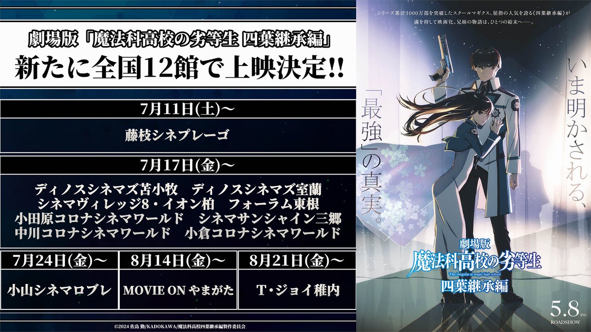 mahouka_anime's tweet photo. ／
 劇場版「魔法科高校の劣等生 四葉継承編」
 新たに全国12館で上映決定🎬
＼

#劇場版魔法科 四葉継承編が大好評につき、
追加上映が決定しました✨

これまで上映のなかった地域でも
ご鑑賞いただけますので、
ぜひ劇場へ足をお運びください！！

▼詳細
https://t.co/KWeQRx4LGZ

#mahouka https://t.co/meVdpXJ8pt