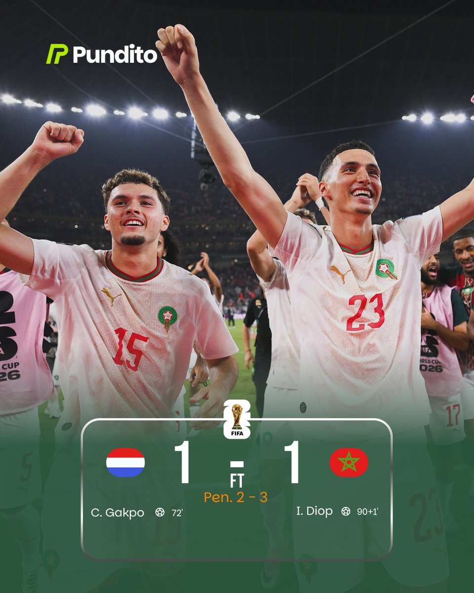 playpundito's tweet photo. Morocco advance to the Quarter-Finals with a penalty 

shootout victory!  How did your Combined XI do?  Build again → https://t.co/OSkfmHx6Qf

#WorldCup2026 #RoundOf32 #Morocco #Netherlands #Pundito https://t.co/wdw21vEZWv