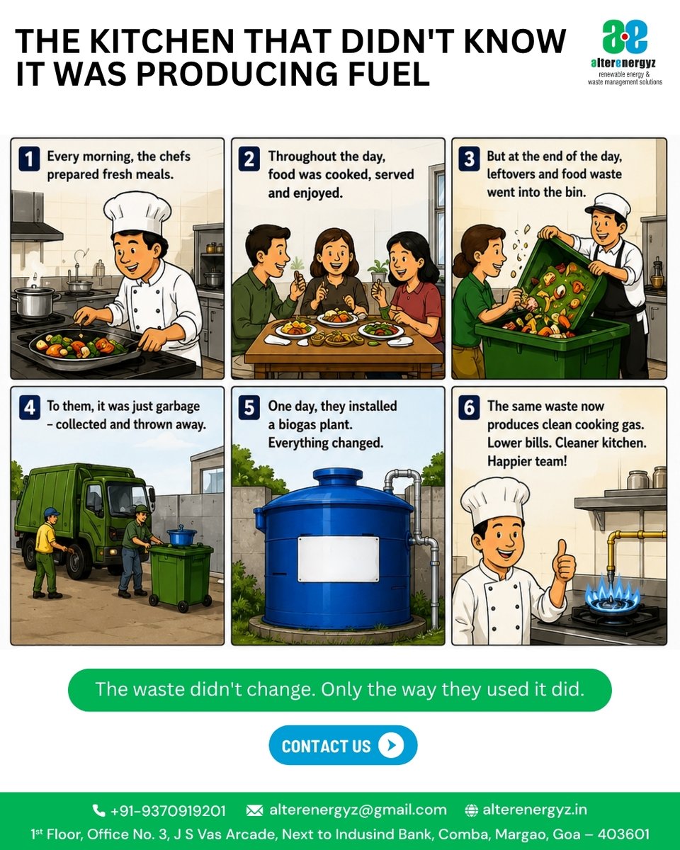 AlterenergyzGoa's tweet photo. 🍽️ What if your kitchen waste could fuel tomorrow's meals? ♻️🔥
Every day, commercial kitchens prepare hundreds of delicious meals. But once the plates are cleared, the leftover food is often seen as nothing more than waste. https://t.co/bbmRGiZesU