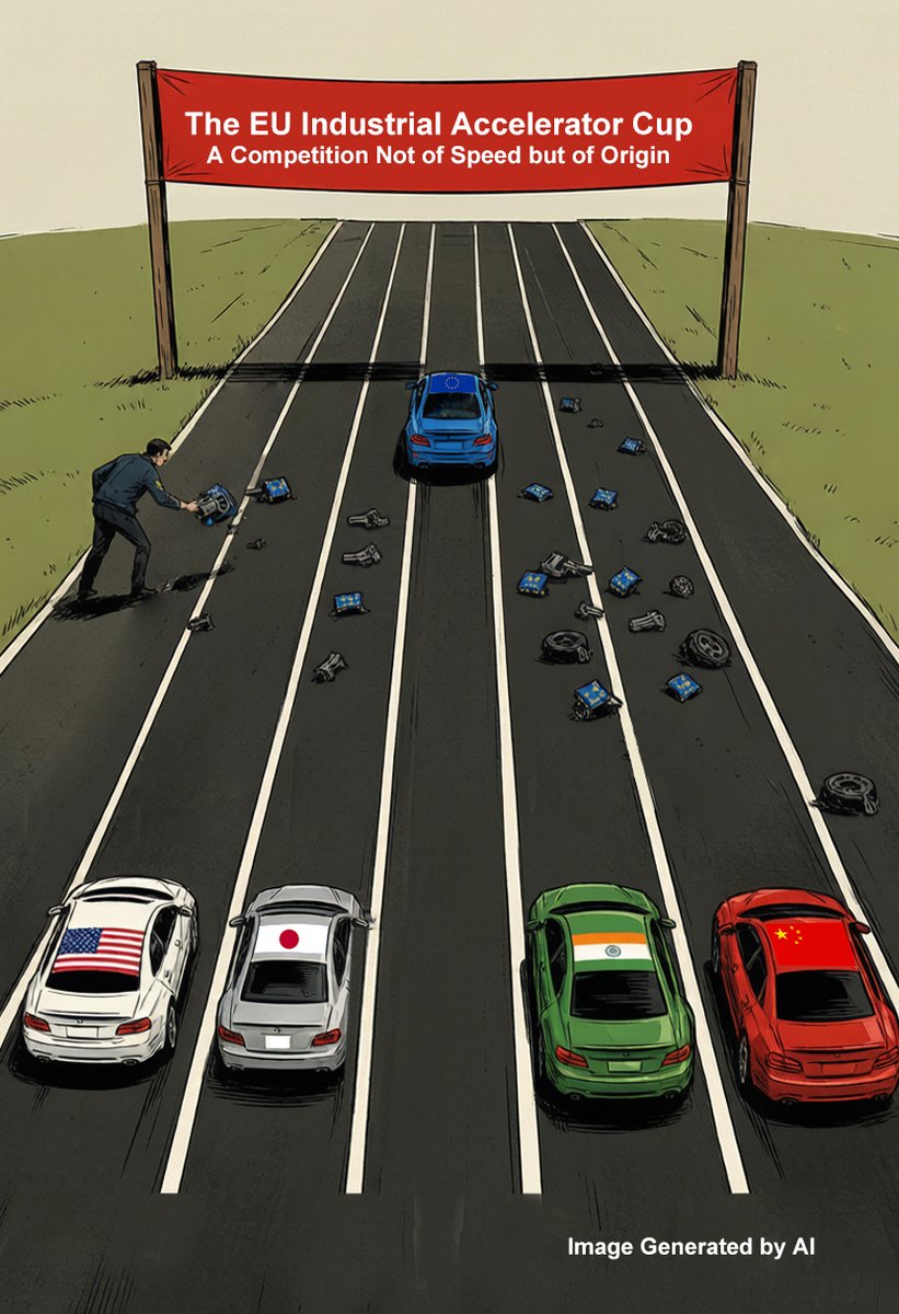 guojimanping's tweet photo. #Cartoonline 【A Competition Not of Speed but of Origin】Congratulations, European consumers: you'll soon pay premium prices for proudly overpriced homegrown bolts. If competition is too scary, just rewrite the rules. Never mind efficiency, let's legislate geography instead of quality. After all, why build better cars when you can just build higher tariffs? Brilliant. Truly.