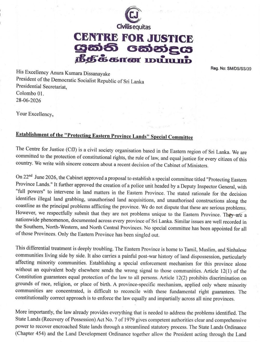 lankafiles's tweet photo. Sri Lanka president urged to withdraw government's 'deeply troubling differential treatment' of appointing an exclusive committee and special police unit to 'Protect Lands in the Eastern Province'. 

"What is needed is the political will to apply the law that already exists" CFJ https://t.co/fPsie2a94z
