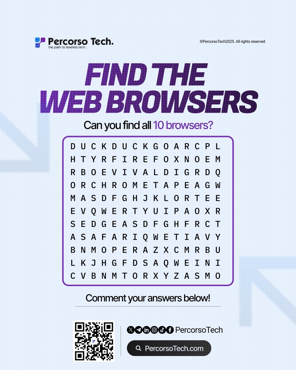 PercorsoTech's tweet photo. A little brain workout for you.

10 web browsers hidden in this grid. How many can you spot?

Drop your answers in the comments. Let's see who finds them all first. 👇

👉 https://t.co/UbYctNzspi

#WordSearch #WebBrowsers #BrainWorkout #PercorsoTech https://t.co/y7YHvuYBV5