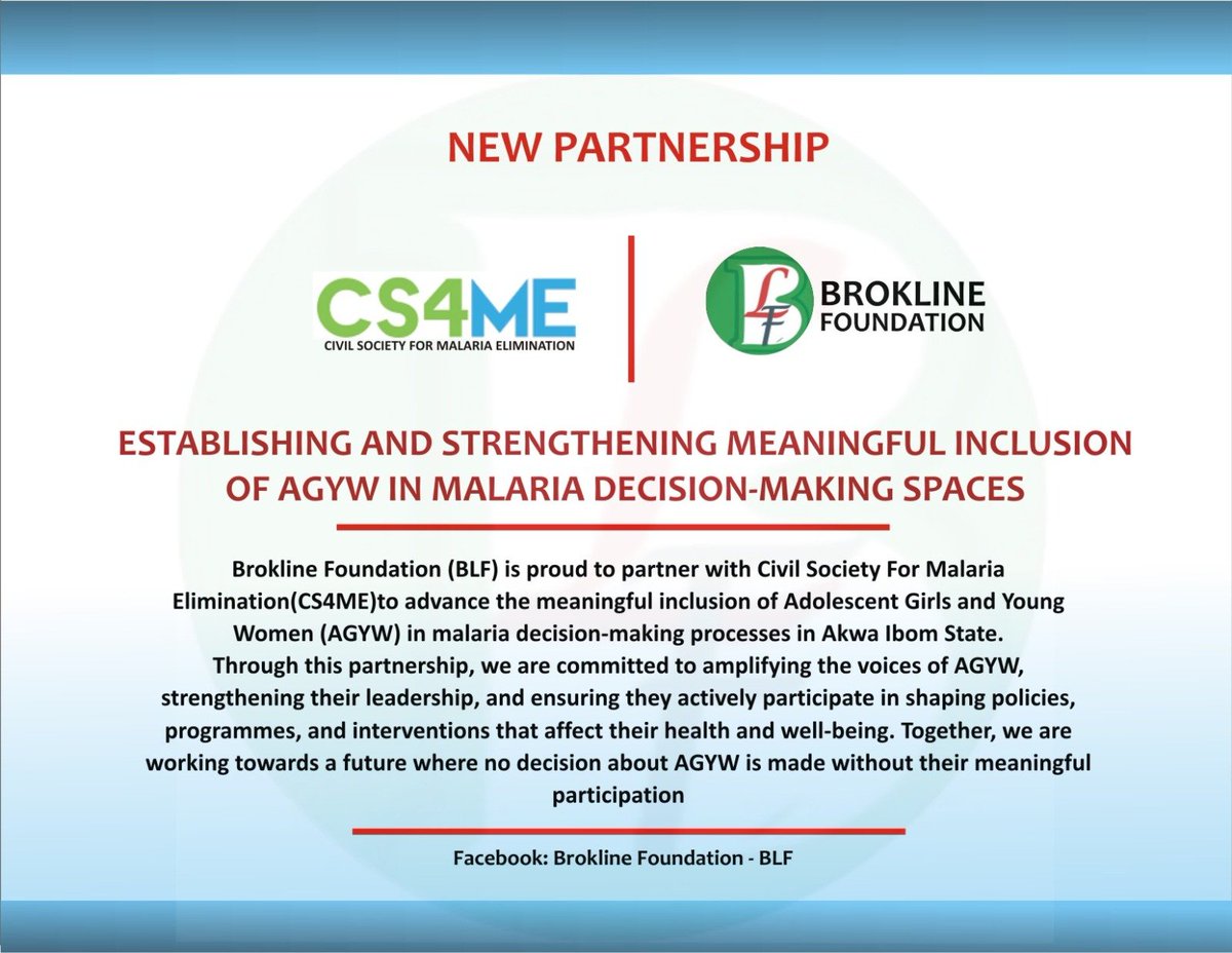 broklineblf's tweet photo. PARTNERSHIP ANNOUNCEMENT ����📢

We are proud to announce that BLF is partnering with Global Civil Society for Malaria Elimination to advance the meaningful inclusion of AGYW, including AGYW with disabilities, in malaria decision-making and accountability spaces in Akwa Ibom State. https://t.co/hNiTxNOkVU