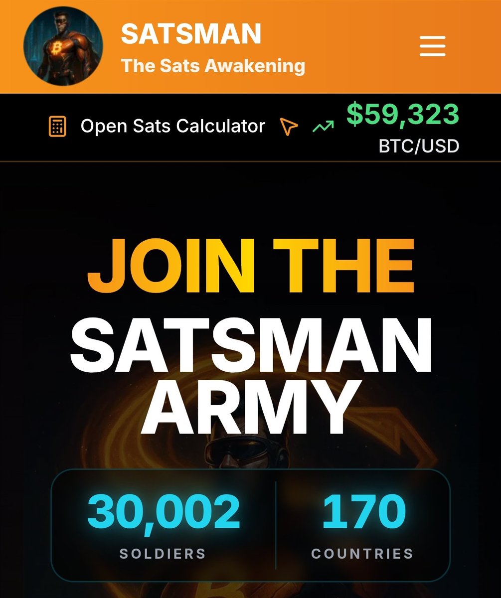 satsman's tweet photo. 30,000 Soldiers in just over 6 months!!  🙌🌏🦸🏻‍♂👏👏

30k people learning about Bitcoin in a fun way.. from beginner to expert!  Even businesses! 💼

Join us at https://t.co/YG4ToISfTq 🫡🦸🏻‍♂️

#satsman #bitcoin #bitcoineducation #learnbitcoin #soundmoney https://t.co/ZyAIaUonyO