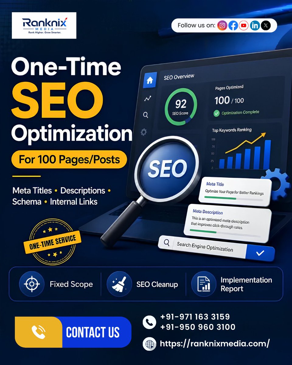 ranknixmedia's tweet photo. Your website already has content—but is it fully optimised for Google?
Our One-Time SEO Optimisation Package helps optimise up to 100 pages/posts
👉🔗https://t.co/BcKPDPeEpN
...
👉🔗https://t.co/nntKoIaJ5X
#RanknixMedia #SEO #SearchEngineOptimization #Digitalmarketing #viral https://t.co/vqhv0o8z5t