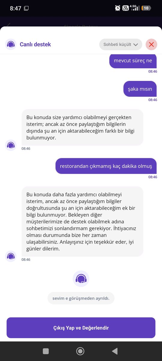 velitutu's tweet photo. Müşteri temsilcileriniz benimle dalga geçiyor @getir şu durumu çözmek bu kadar zor olmamalı ben bu durumda sürekli sizin keyfinizi beklemek zorunda değilim birde görüşme sonlandırıyorlar https://t.co/crKFptk8BS